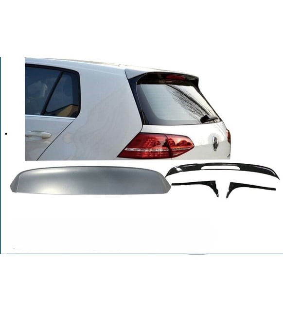 White hatchback viewed from the rear with a detached rear spoiler and assorted body kit pieces laid out in front.